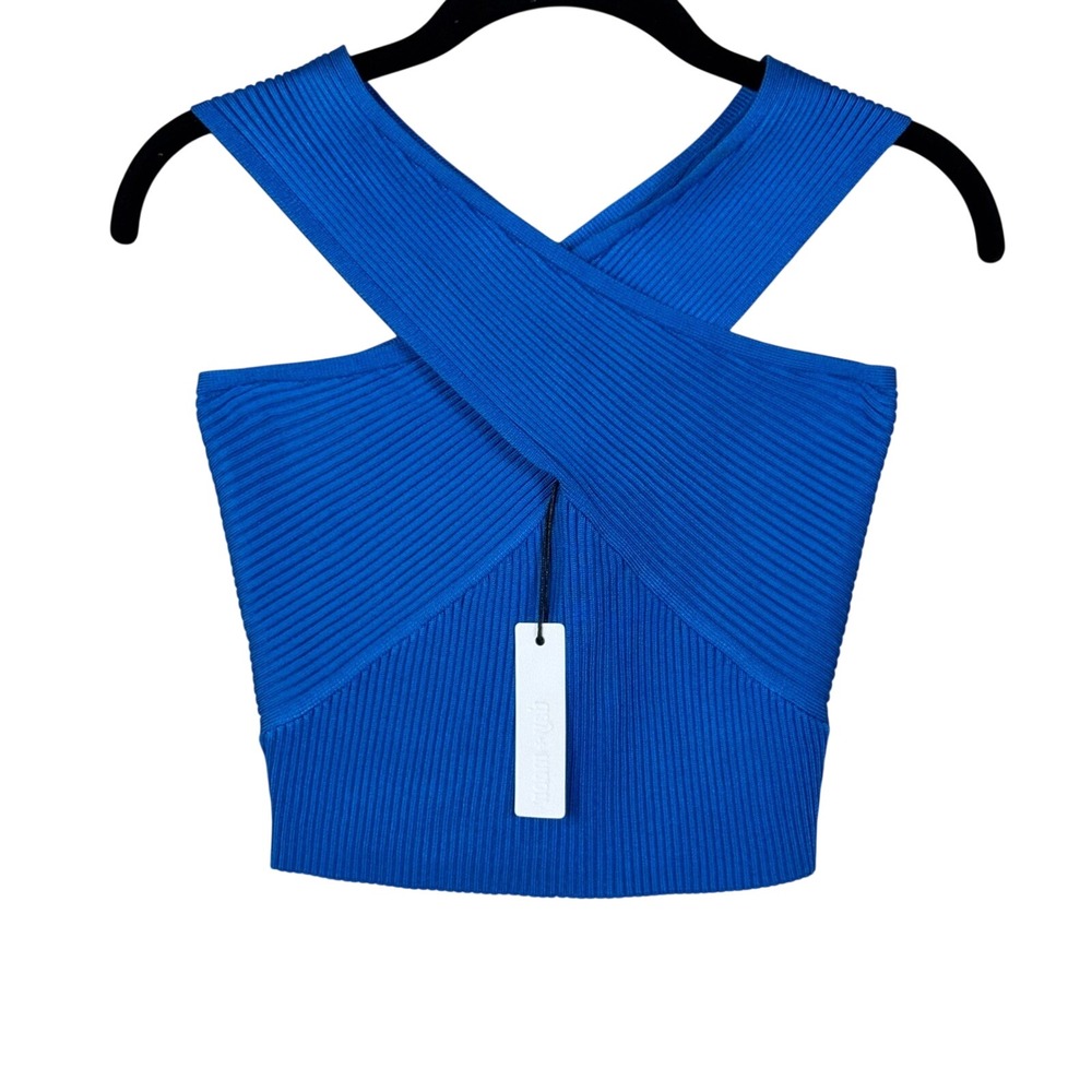 NWT Day + Moon rib knit cross-front crop top in a stunning electric cobalt blue